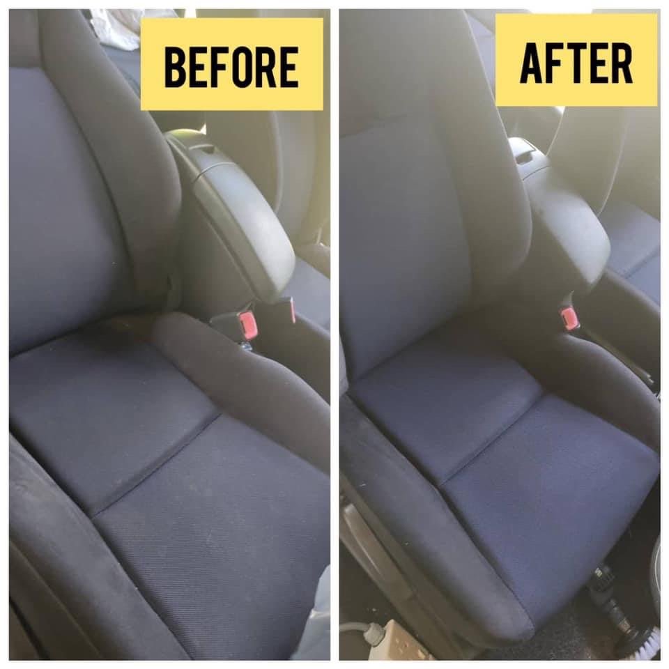 Hasil cucian tempat duduk kereta biru sebelum dan selepas