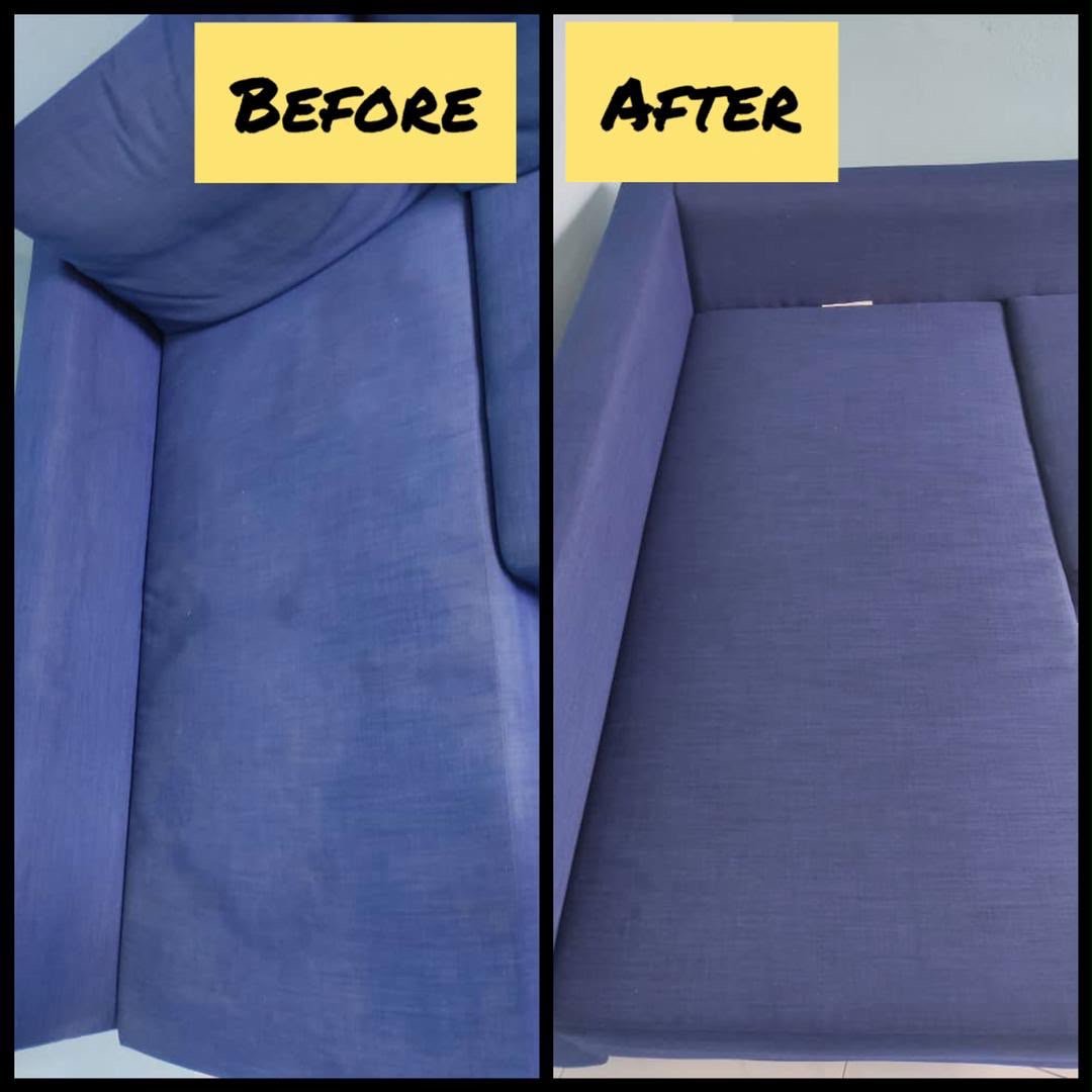 Hasil cucian sofa biru sebelum dan selepas